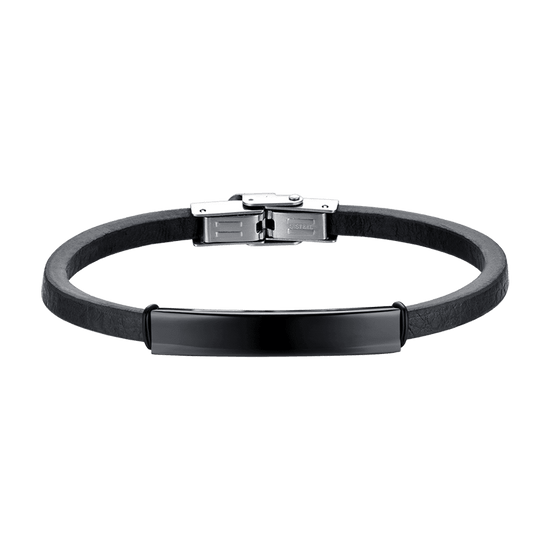 BRACCIALE UOMO IN CUOIO CON PIASTRA IN ACCIAIO IP NERO Luca Barra