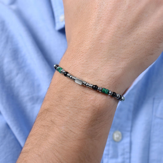 BRACCIALE UOMO IN ACCIAIO CON AGATA NERA E MALACHITE VERDE
