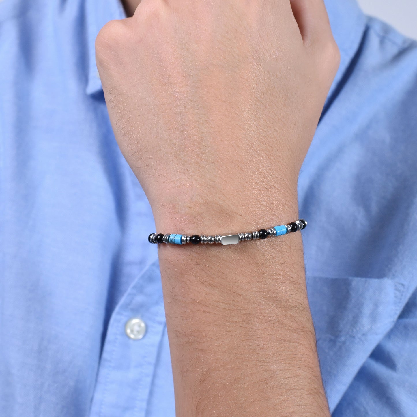 BRAZALETE DE ACERO PARA HOMBRE CON ÁGATA NEGRA