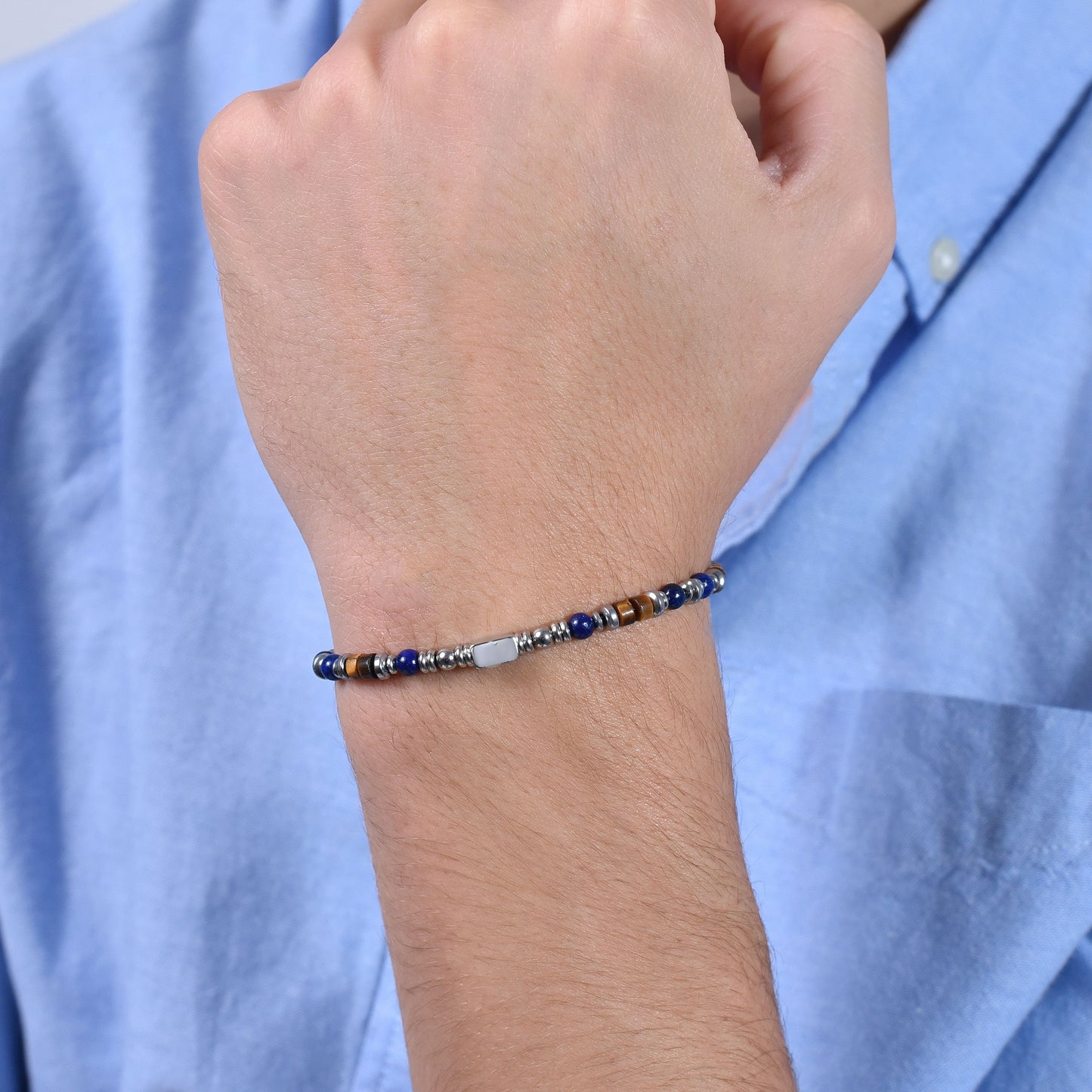 BRACCIALE UOMO IN ACCIAIO CON PIETRA LAPIS ED ELEMENTI OCCHIO DI TIGRE