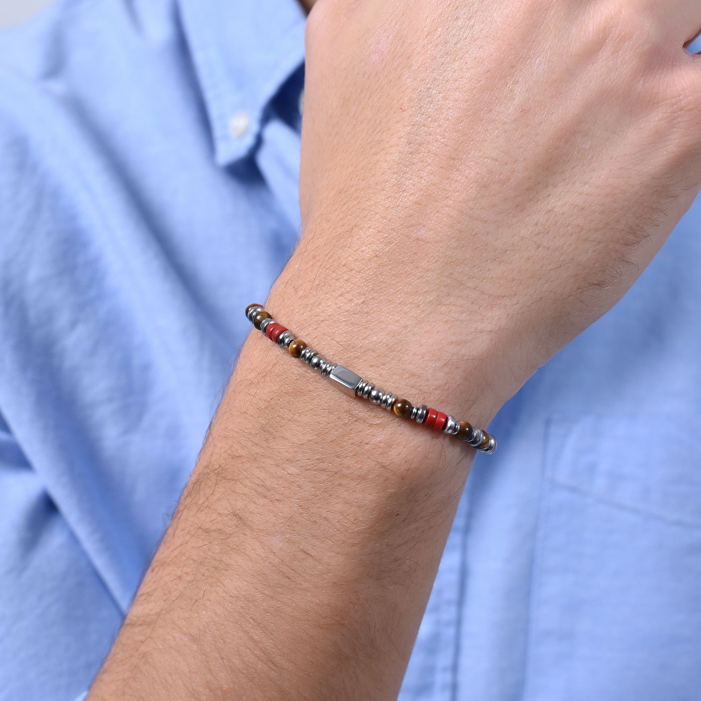 PULSERA DE HOMBRE DE ACERO CON PIEDRA OJO DE TIGRE