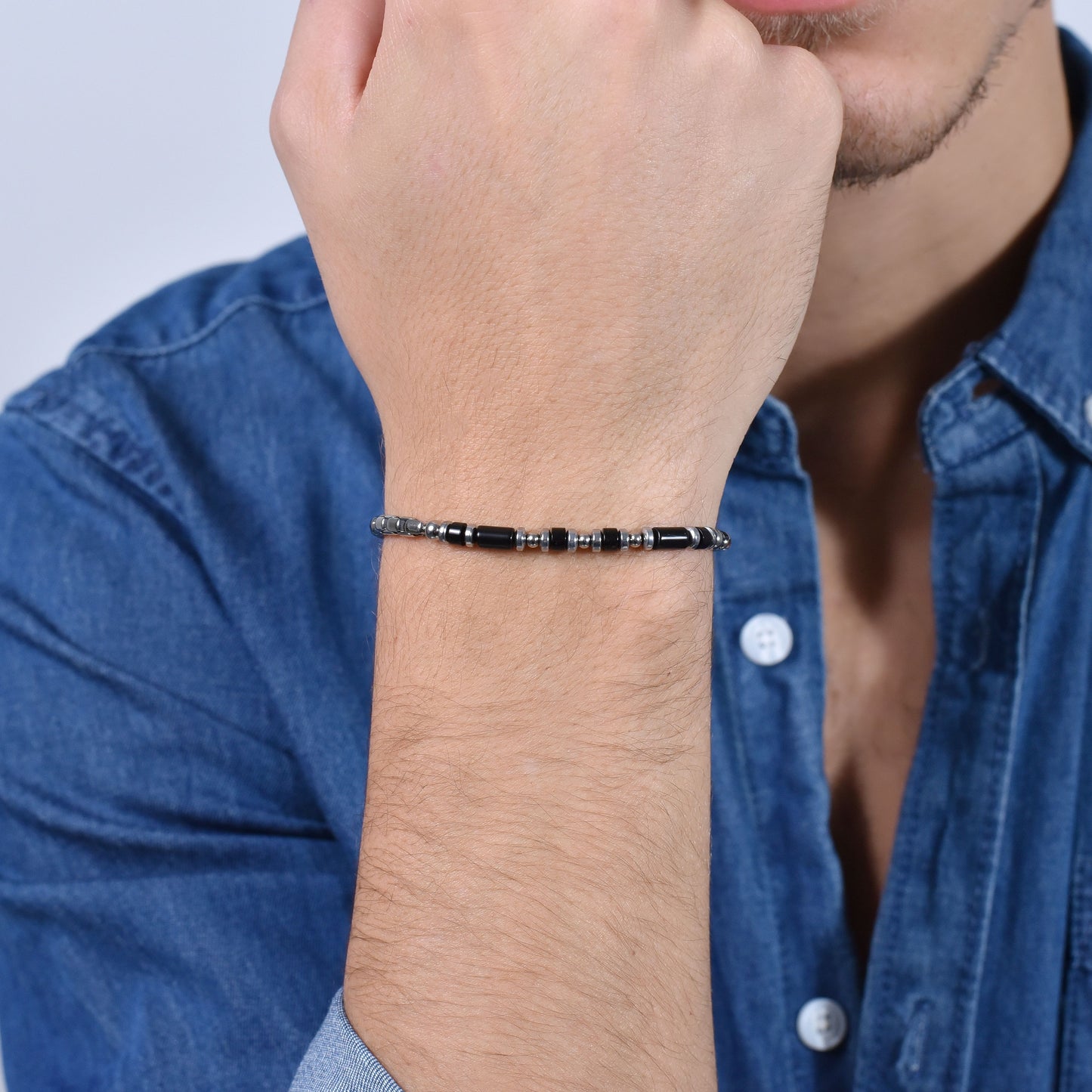 PULSERA DE ACERO DE ÁGATA NEGRA PARA HOMBRE
