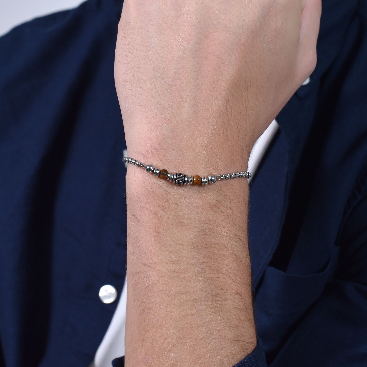 PULSERA DE HOMBRE DE ACERO CON PIEDRA OJO DE TIGRE