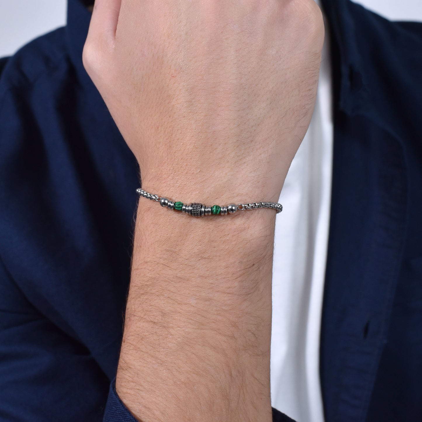 PULSERA DE ACERO MALAQUITA VERDE PARA HOMBRE
