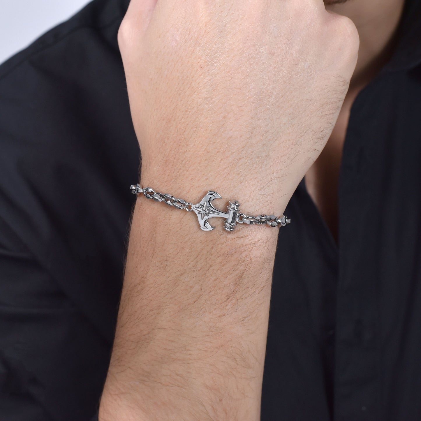 PULSERA DE ACERO CON ANCLA Y ROSA DE LOS VIENTOS PARA CABALLERO