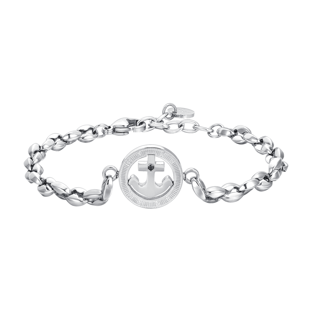 PULSERA DE HOMBRE DE ACERO CON ANCLA Y CRISTAL NEGRO