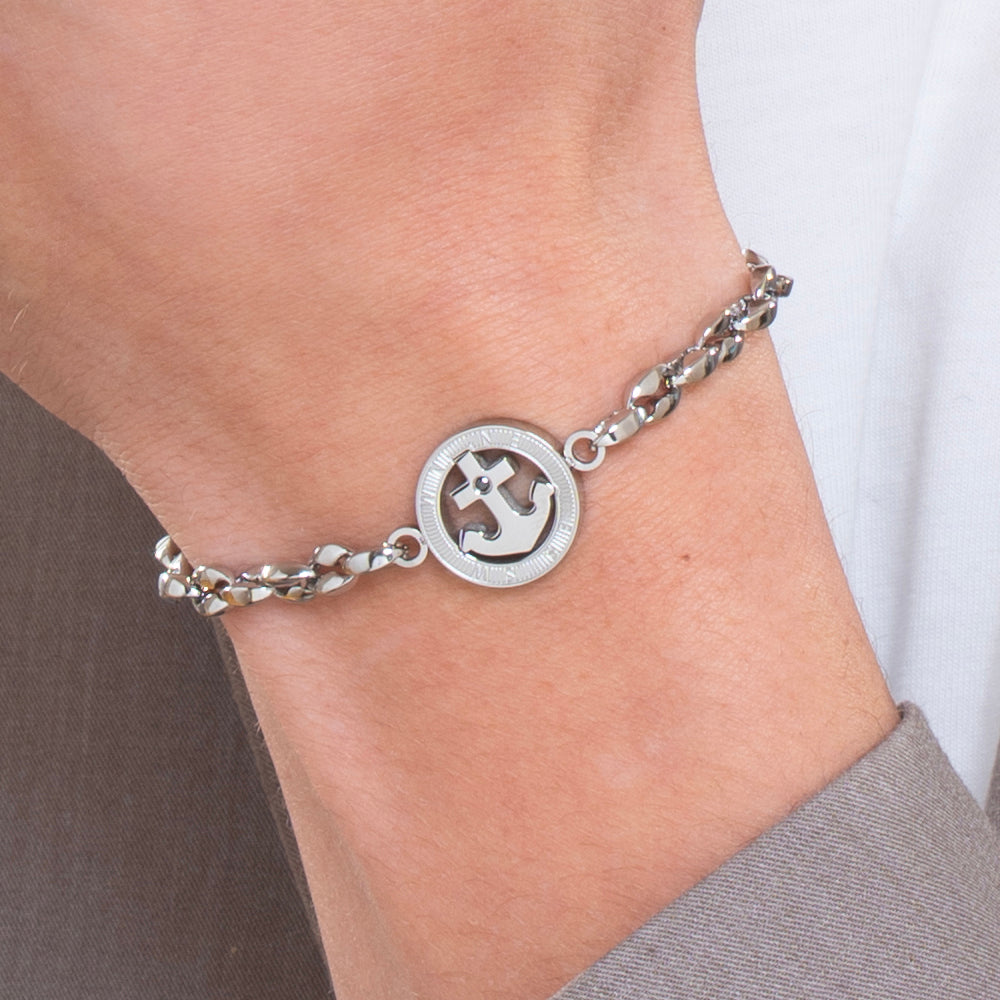 PULSERA DE HOMBRE DE ACERO CON ANCLA Y CRISTAL NEGRO