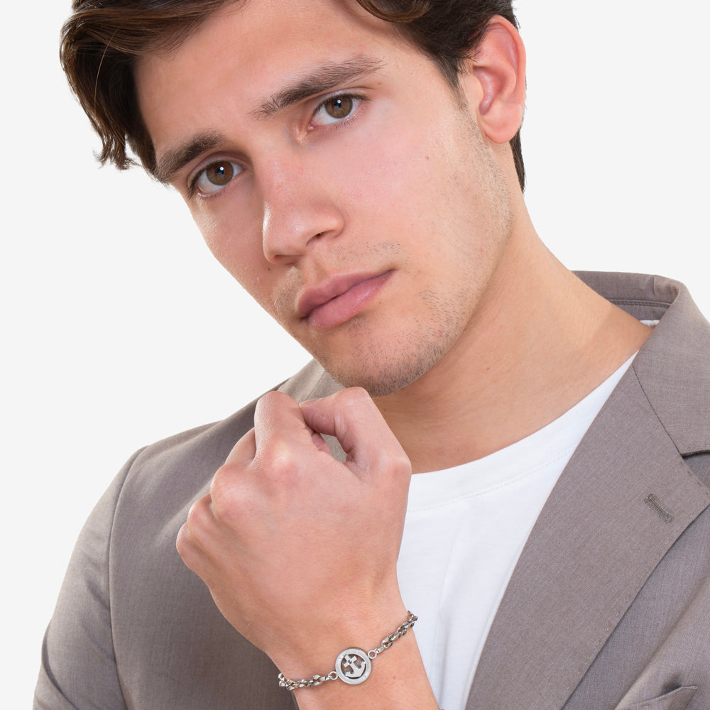 PULSERA DE HOMBRE DE ACERO CON ANCLA Y CRISTAL NEGRO