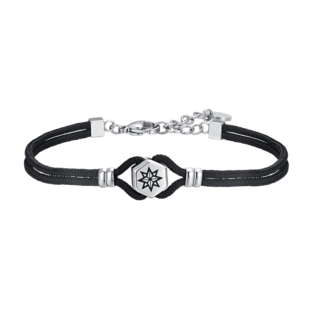 PULSERA DE CABALLERO DE CUERDA NEGRA Y ROSA DE LOS VIENTOS