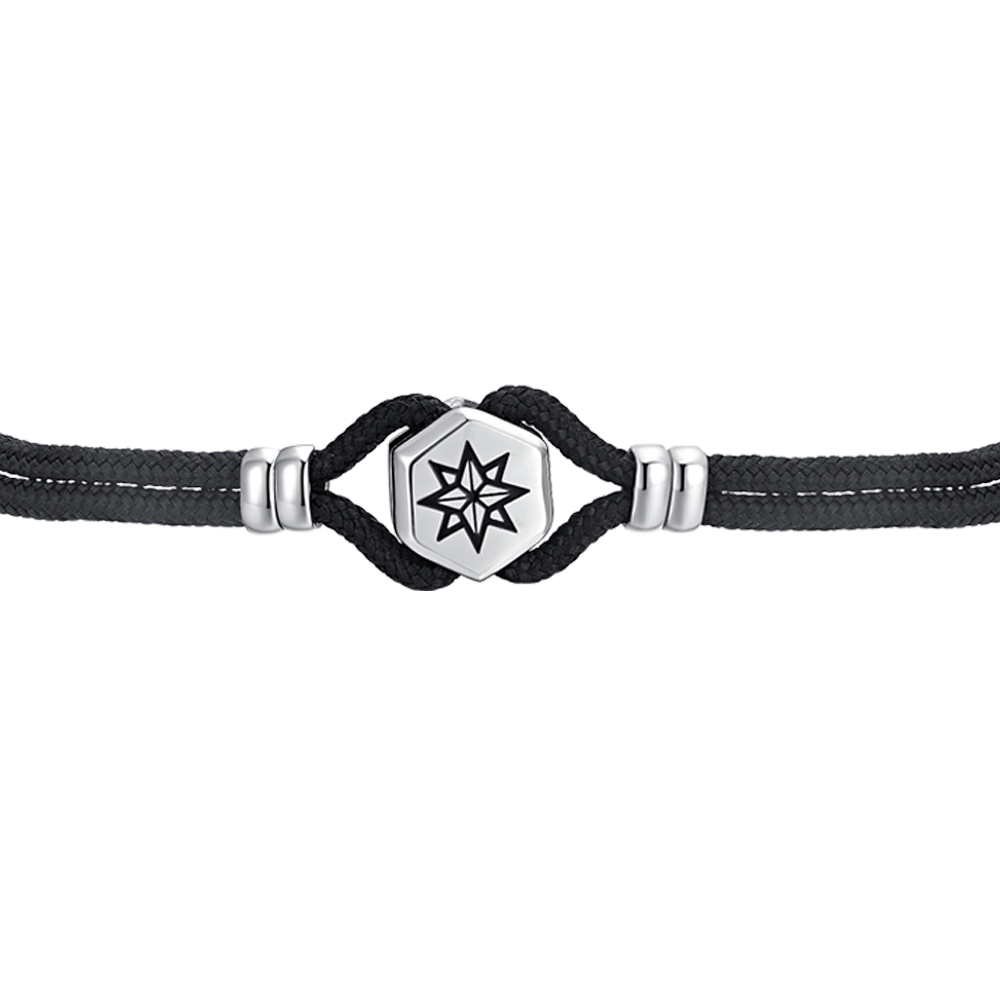 PULSERA DE CABALLERO DE CUERDA NEGRA Y ROSA DE LOS VIENTOS