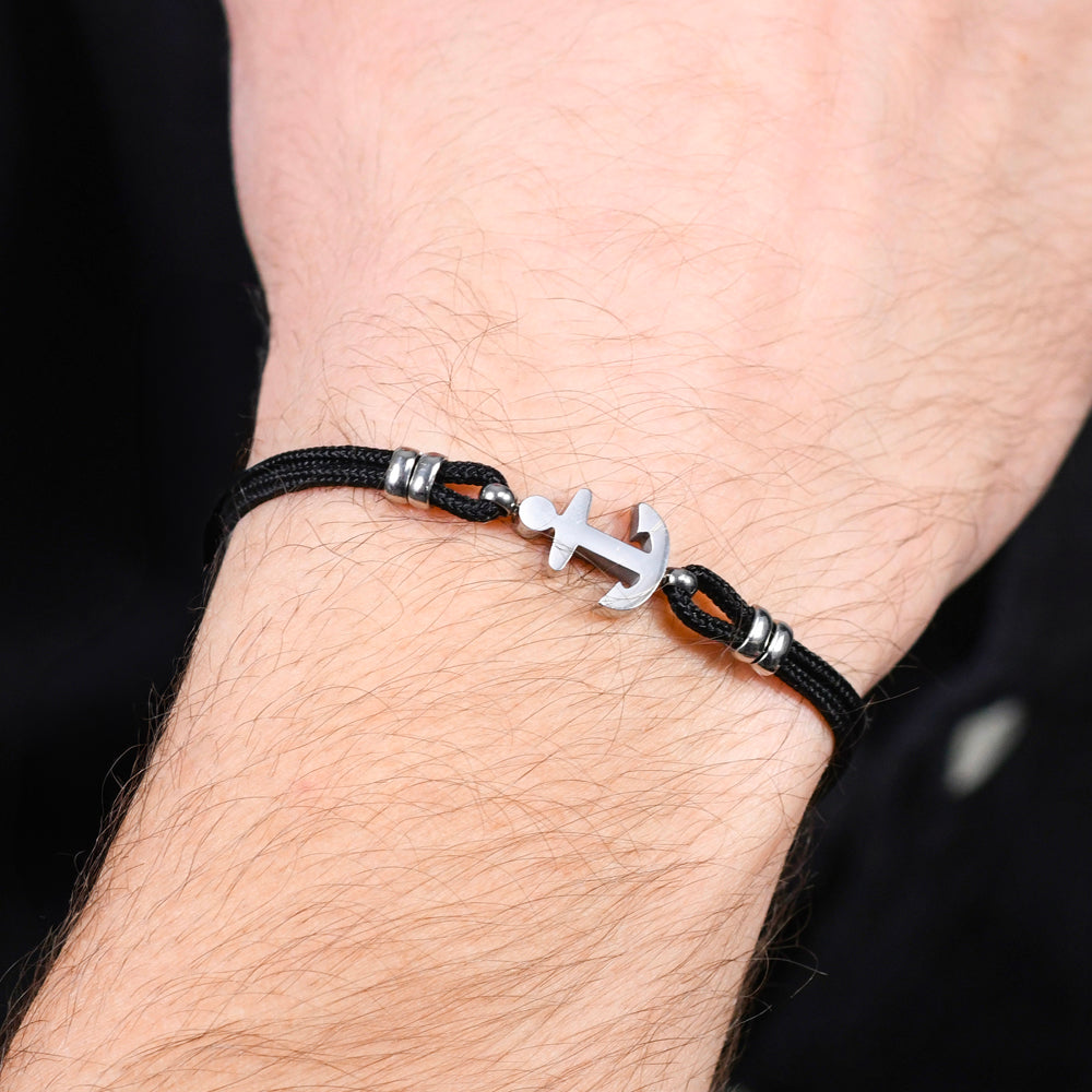 PULSERA DE CABALLERO DE CUERDA NEGRA Y ANCLA