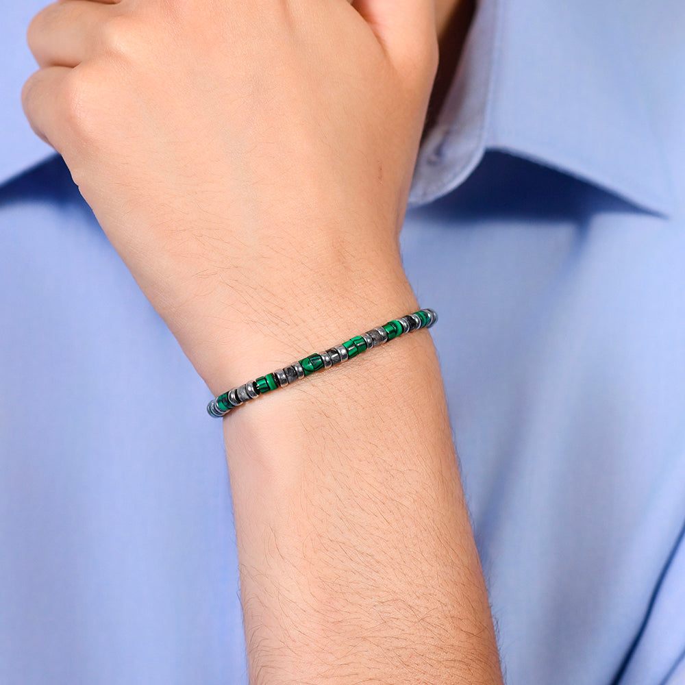 PULSERA DE ACERO PARA HOMBRE PIEDRAS VERDES Y GRISES