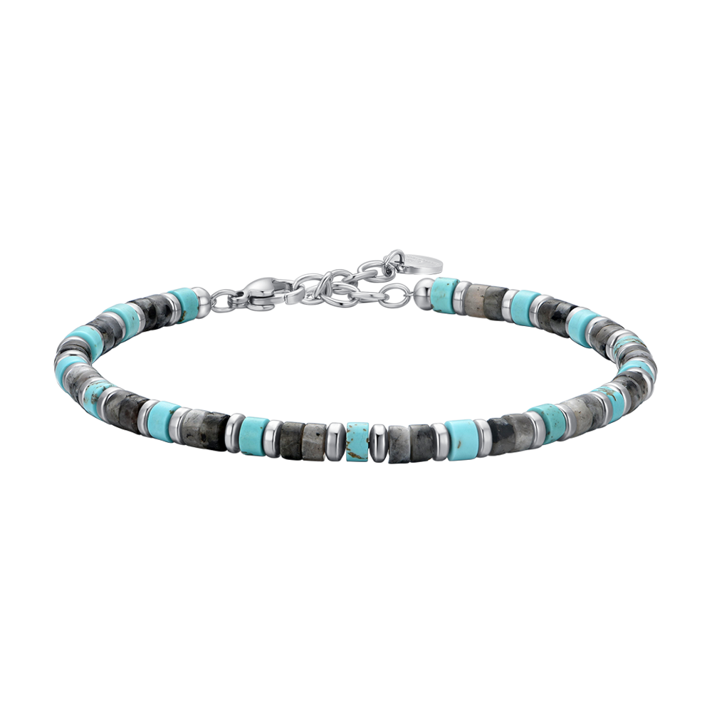 PULSERA DE ACERO PARA HOMBRE PIEDRAS GRISES Y TURQUESAS
