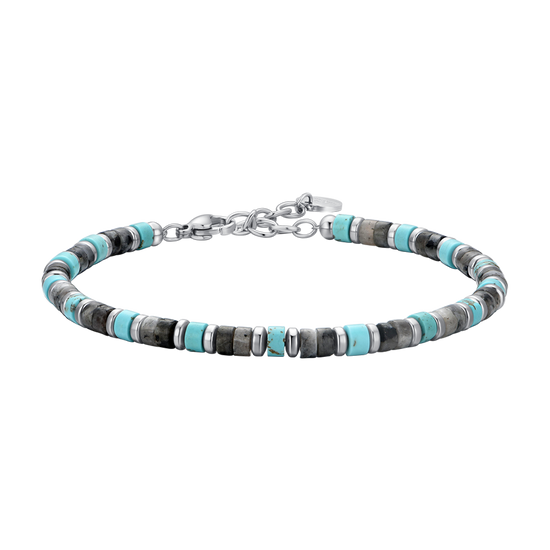 PULSERA DE ACERO PARA HOMBRE PIEDRAS GRISES Y TURQUESAS