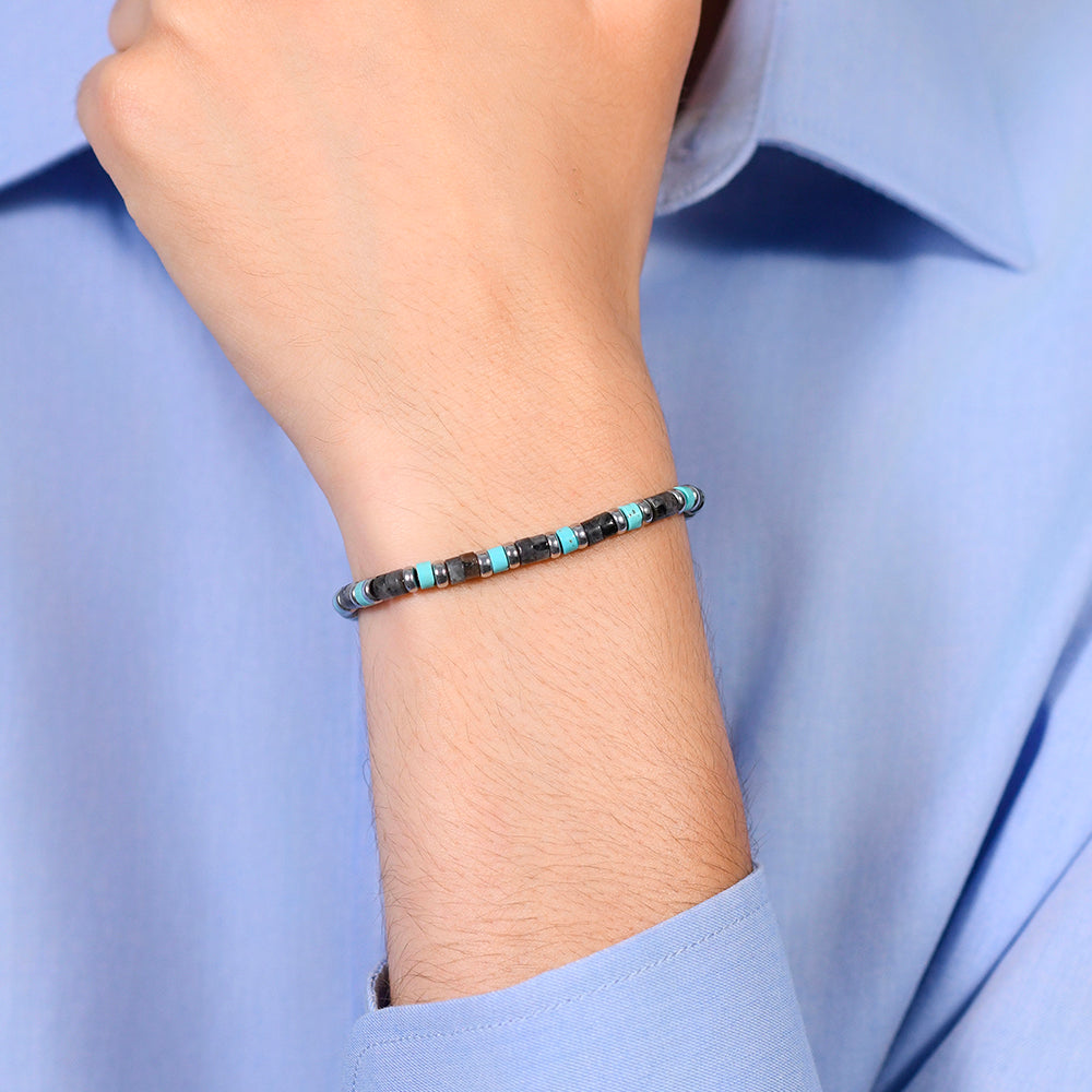 PULSERA DE ACERO PARA HOMBRE PIEDRAS GRISES Y TURQUESAS