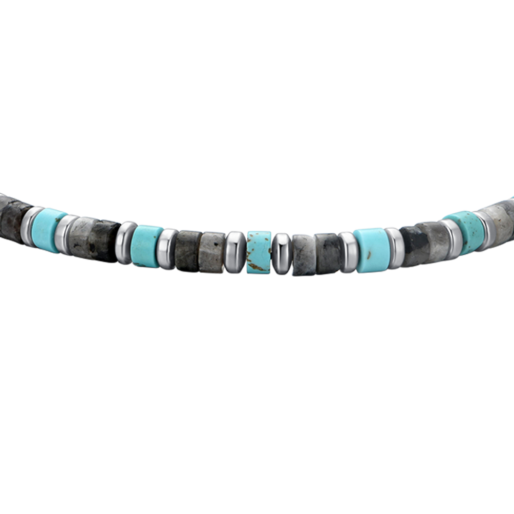 PULSERA DE ACERO PARA HOMBRE PIEDRAS GRISES Y TURQUESAS