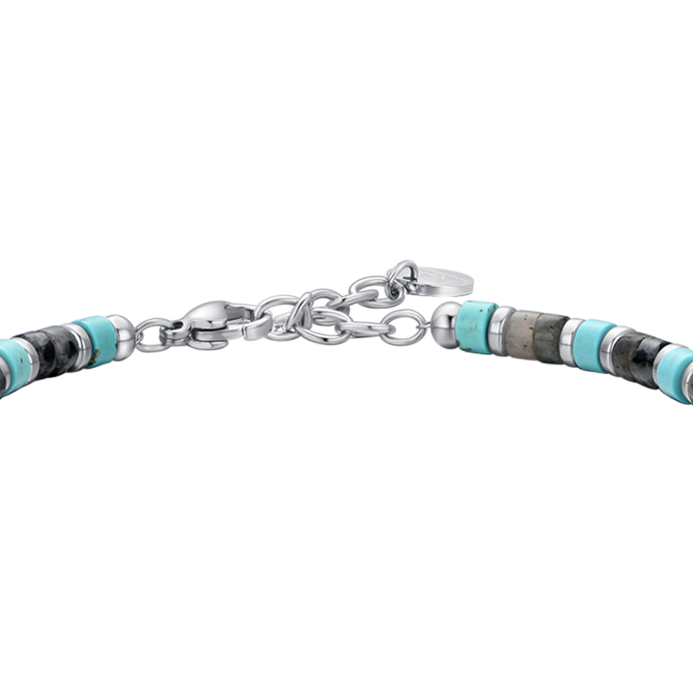PULSERA DE ACERO PARA HOMBRE PIEDRAS GRISES Y TURQUESAS