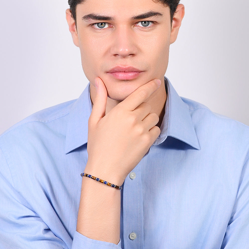 PULSERA DE HOMBRE DE ACERO OJO DE TIGRE Y PIEDRA LAPISLÁZULI