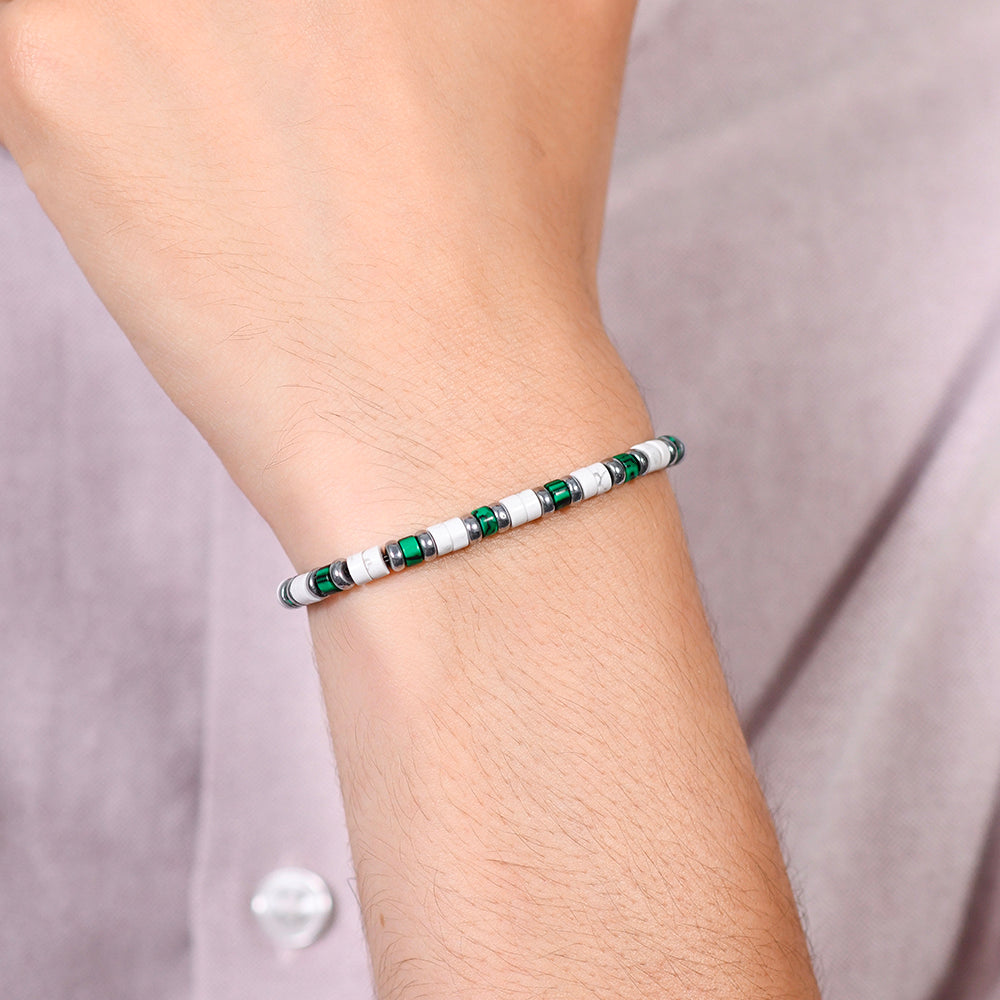 PULSERA DE ACERO PARA HOMBRE PIEDRAS BLANCAS Y VERDES