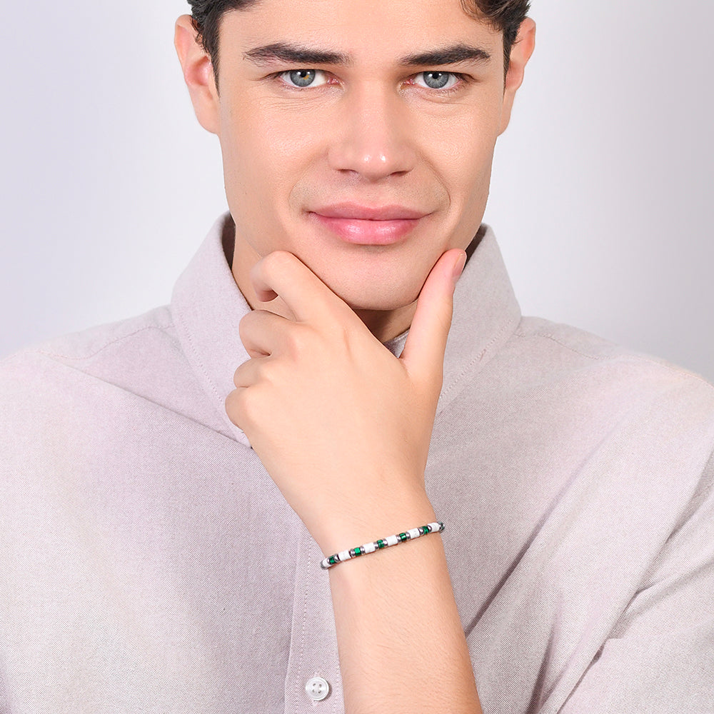 PULSERA DE ACERO PARA HOMBRE PIEDRAS BLANCAS Y VERDES