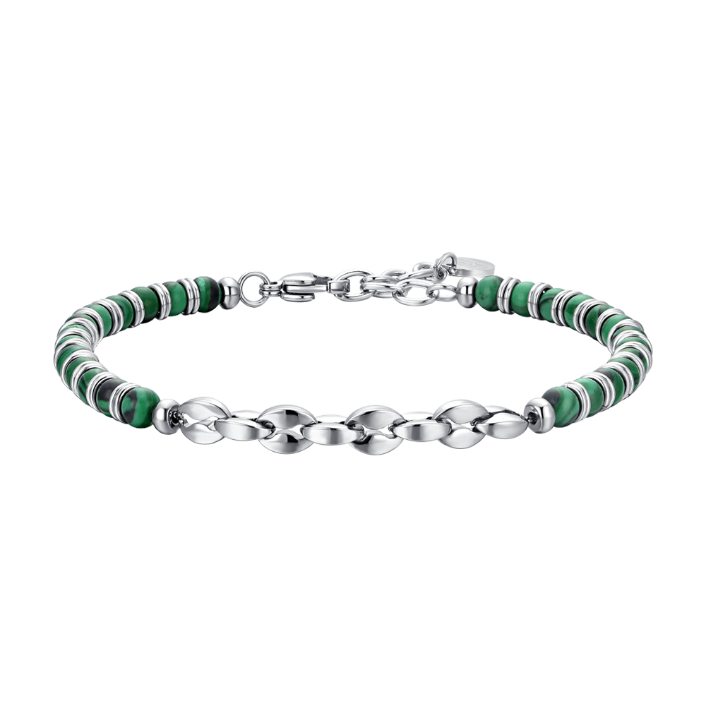 PULSERA DE ACERO PARA HOMBRE PIEDRAS VERDES Y ELEMENTOS DE ACERO