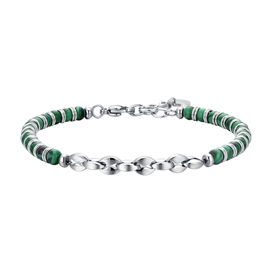 PULSERA DE ACERO PARA HOMBRE PIEDRAS VERDES Y ELEMENTOS DE ACERO