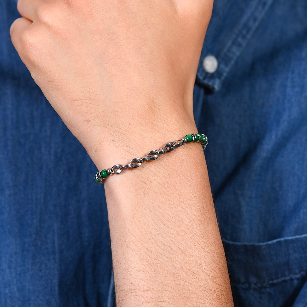 PULSERA DE ACERO PARA HOMBRE PIEDRAS VERDES Y ELEMENTOS DE ACERO