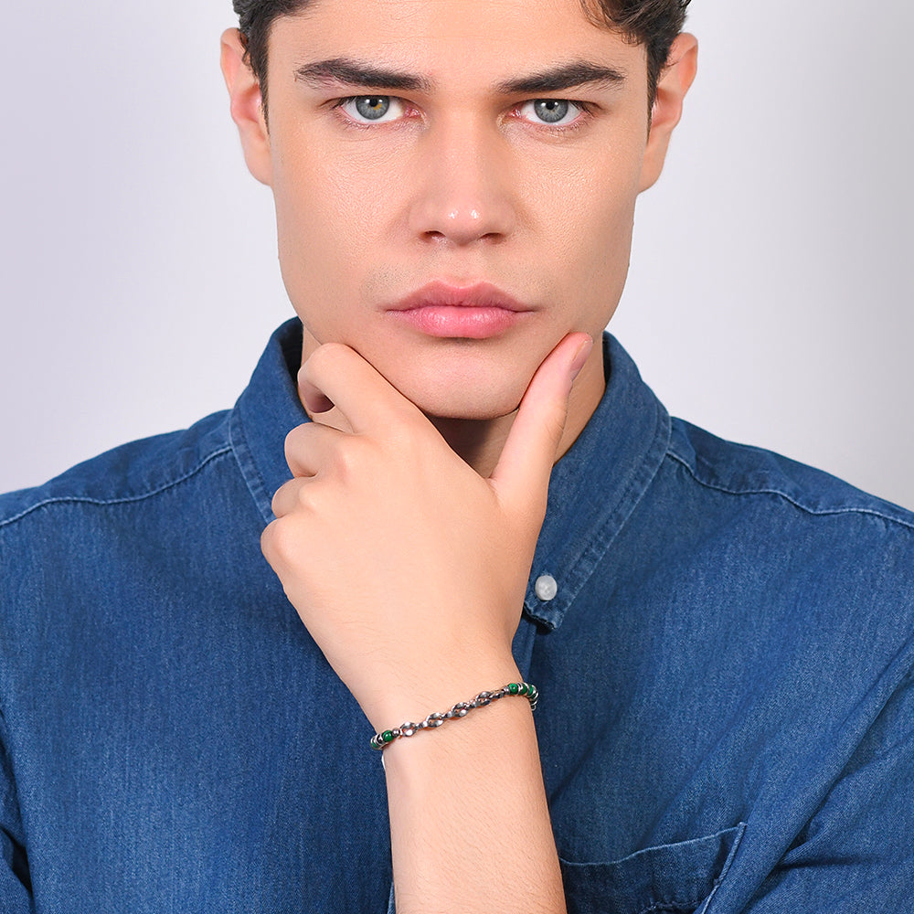 PULSERA DE ACERO PARA HOMBRE PIEDRAS VERDES Y ELEMENTOS DE ACERO