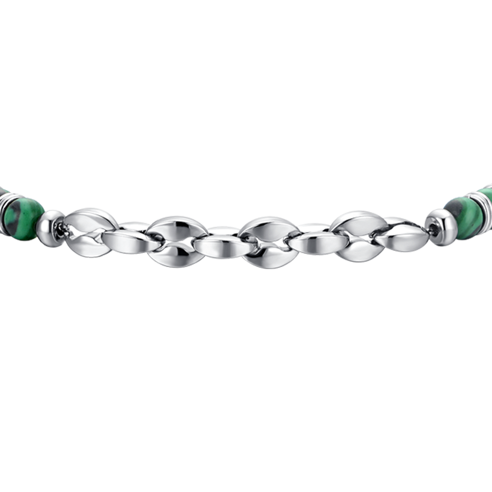 PULSERA DE ACERO PARA HOMBRE PIEDRAS VERDES Y ELEMENTOS DE ACERO
