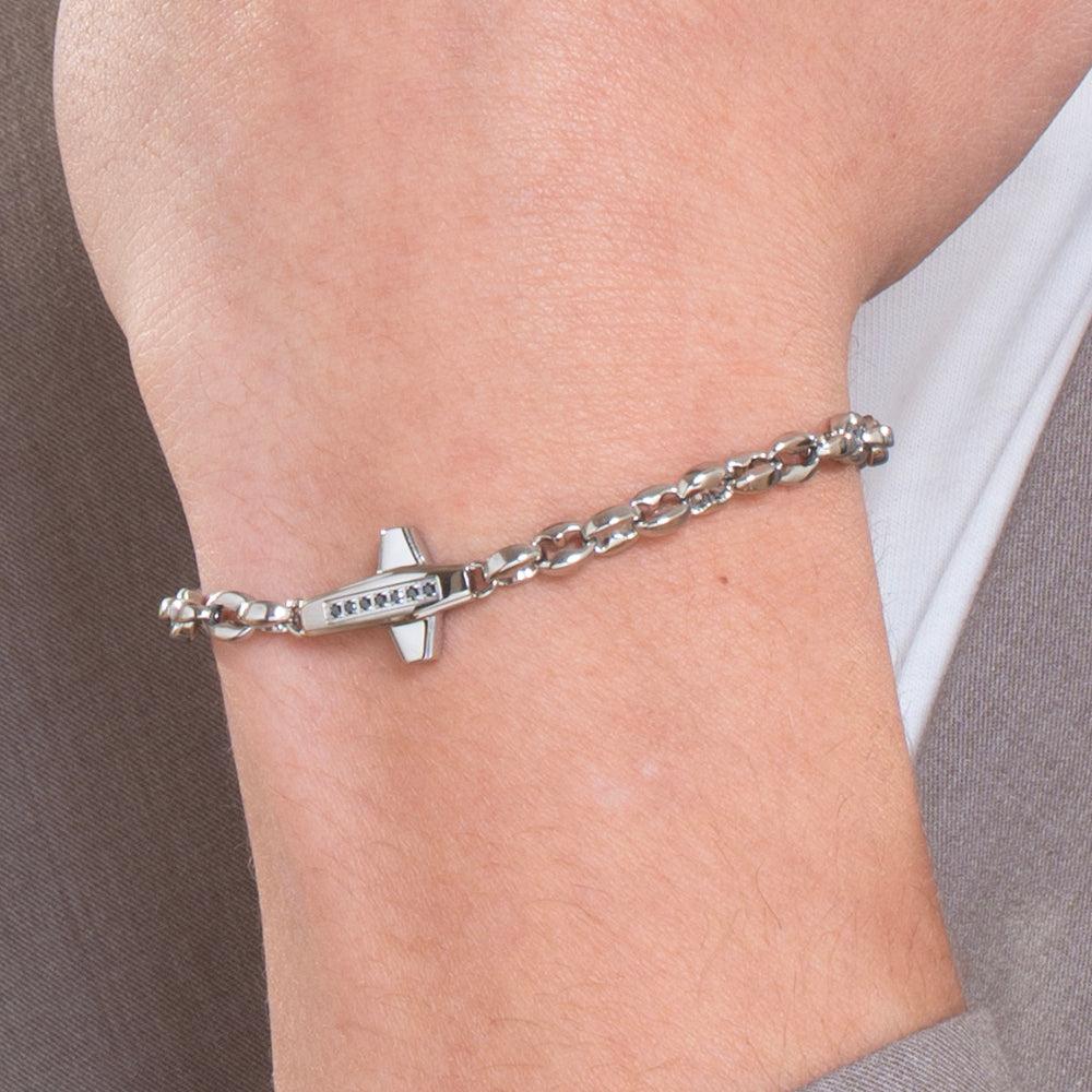 PULSERA DE HOMBRE CON CRUZ DE ACERO Y CIRCONITA NEGRA