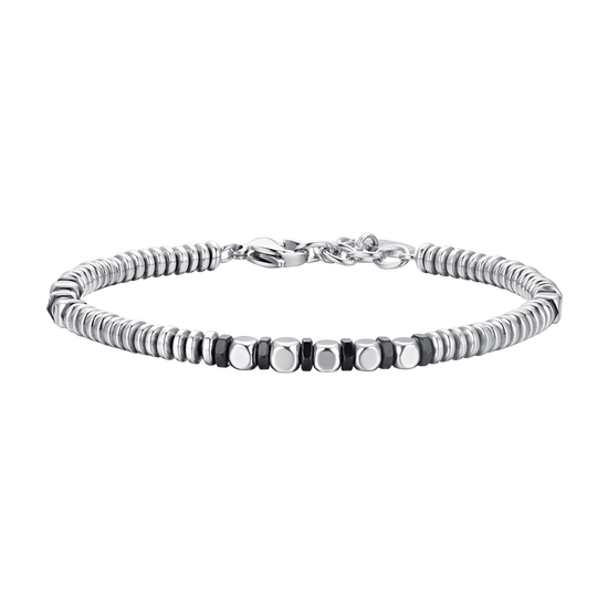 PULSERA DE HOMBRE DE ACERO PLATEADO Y HEMATITES NEGRO