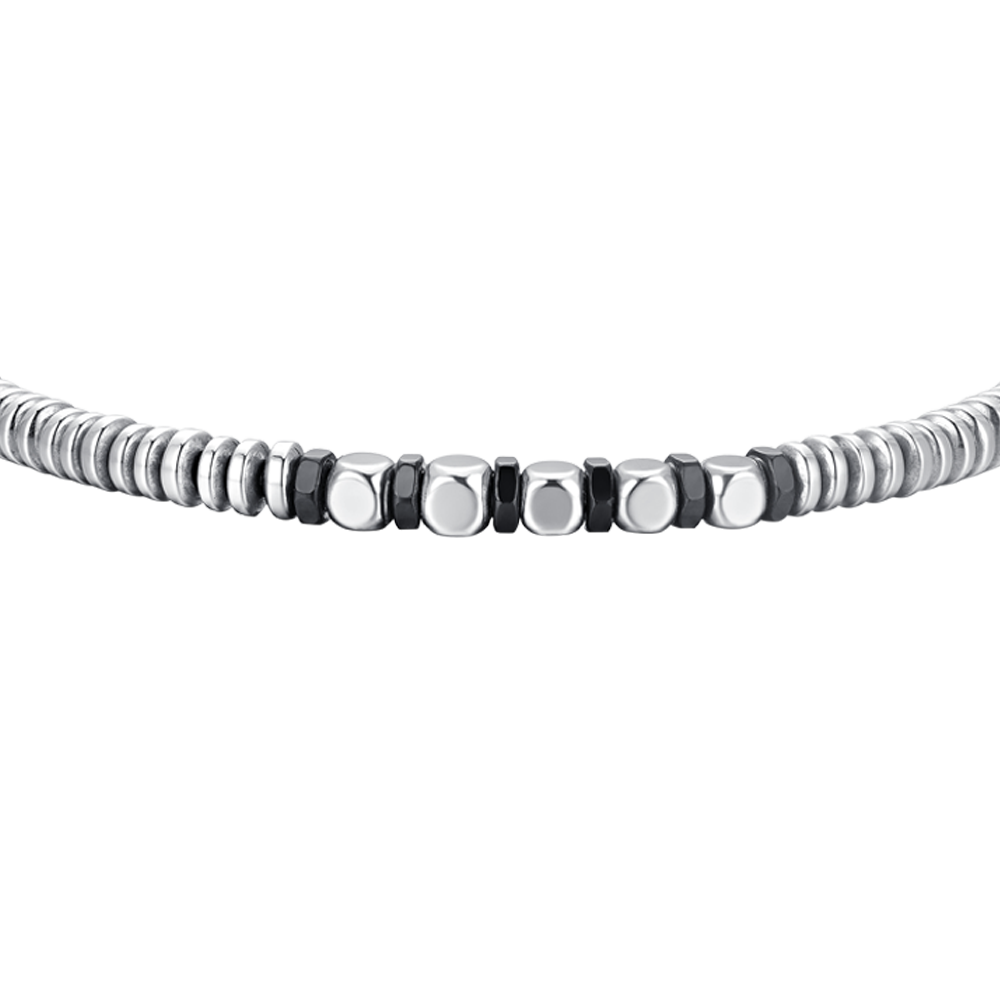 PULSERA DE HOMBRE DE ACERO PLATEADO Y HEMATITES NEGRO