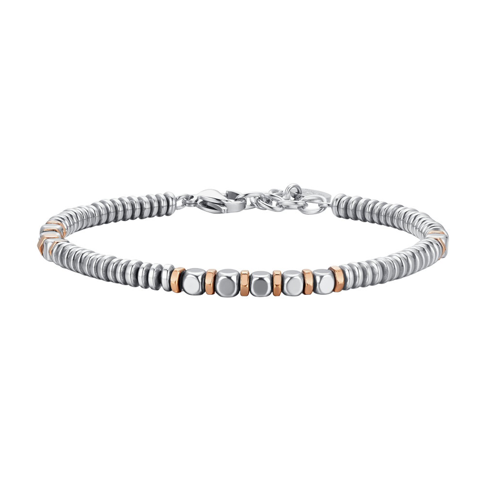 BRAZALETE DE HOMBRE DE ACERO HEMATITES PLATA Y ORO ROSA
