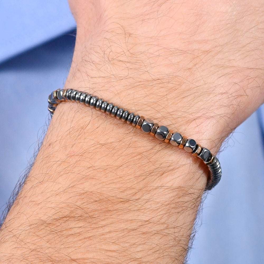 BRAZALETE DE HOMBRE DE ACERO HEMATITES PLATA Y ORO ROSA
