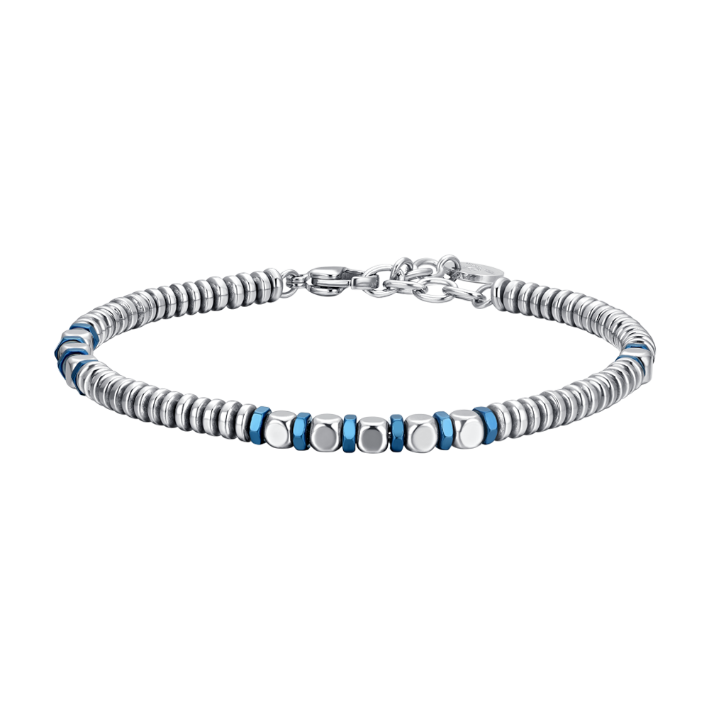 PULSERA DE ACERO PARA HOMBRE EN PLATA Y HEMATITES AZUL