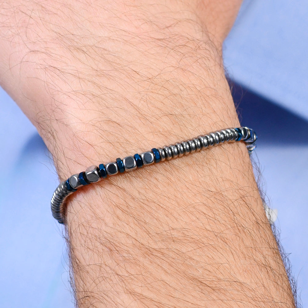 PULSERA DE ACERO PARA HOMBRE EN PLATA Y HEMATITES AZUL