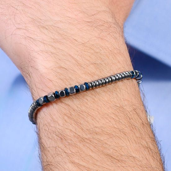 PULSERA DE ACERO PARA HOMBRE EN PLATA Y HEMATITES AZUL