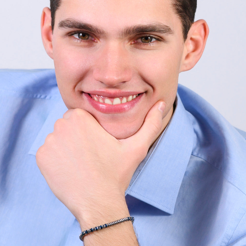 PULSERA DE ACERO PARA HOMBRE EN PLATA Y HEMATITES AZUL