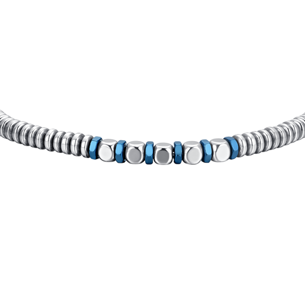 PULSERA DE ACERO PARA HOMBRE EN PLATA Y HEMATITES AZUL