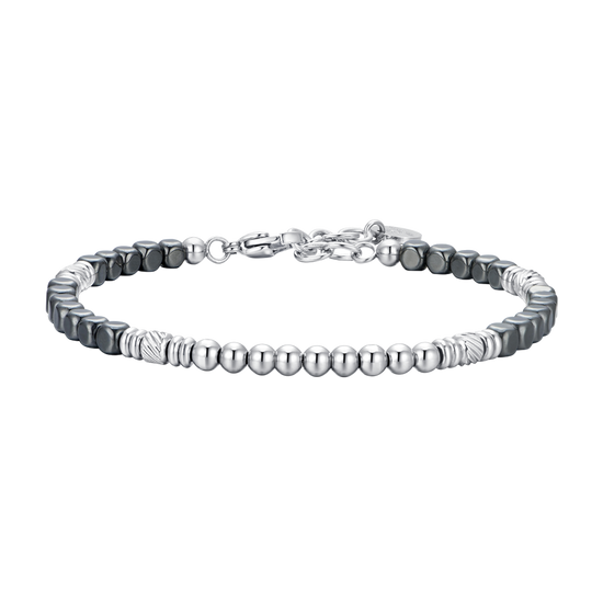PULSERA DE HOMBRE DE ACERO PLATEADO Y HEMATITES NEGRO