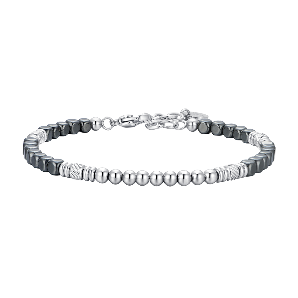 PULSERA DE HOMBRE DE ACERO PLATEADO Y HEMATITES NEGRO