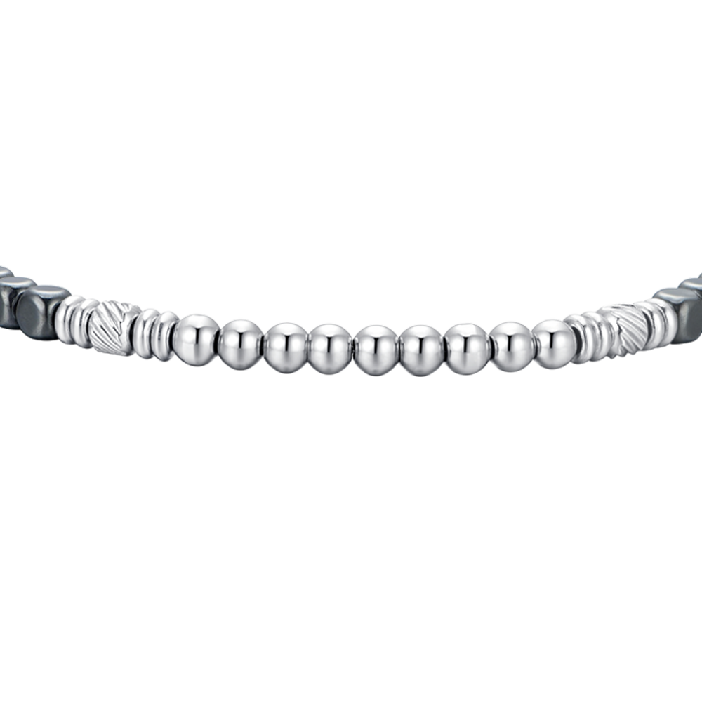 PULSERA DE HOMBRE DE ACERO PLATEADO Y HEMATITES NEGRO