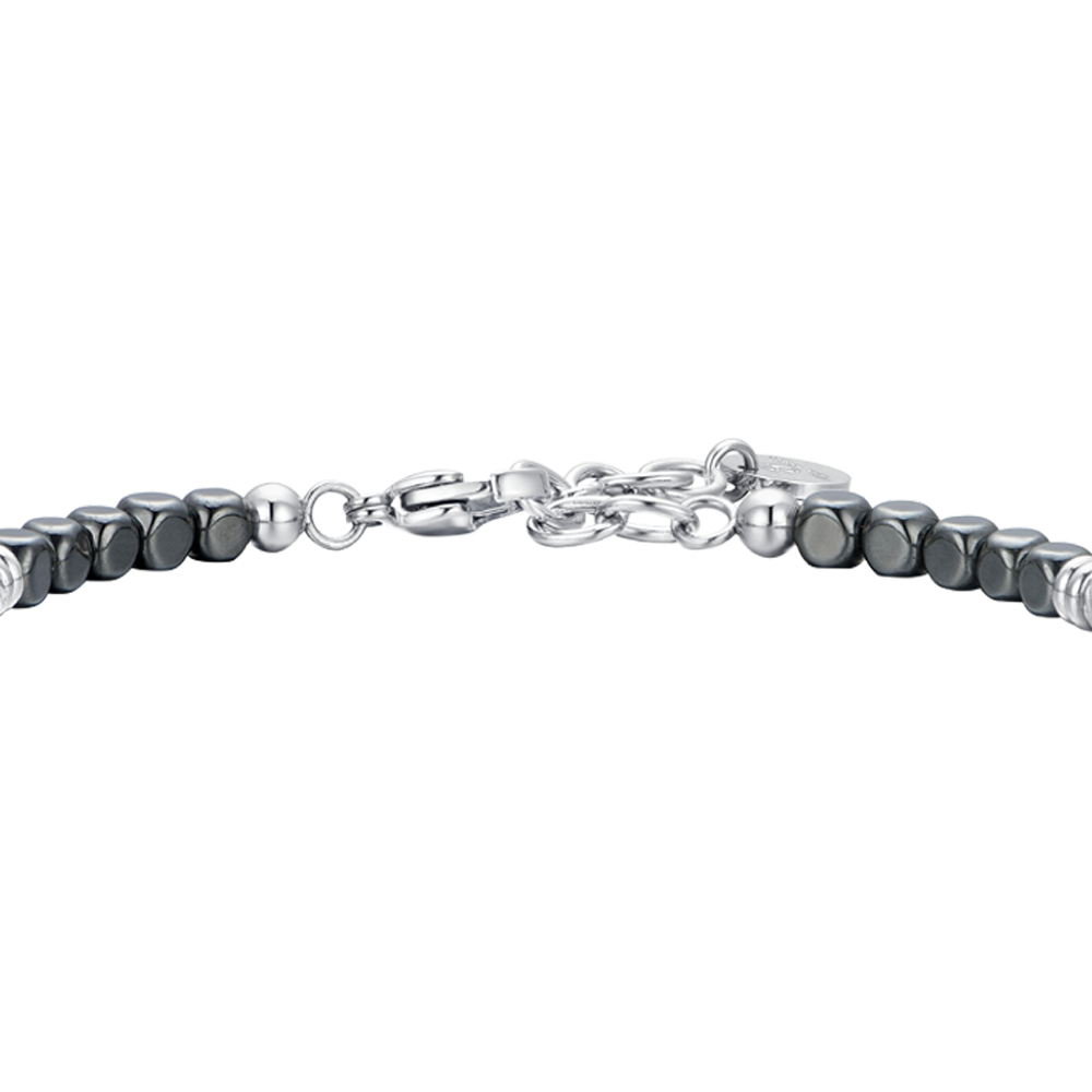 PULSERA DE HOMBRE DE ACERO PLATEADO Y HEMATITES NEGRO