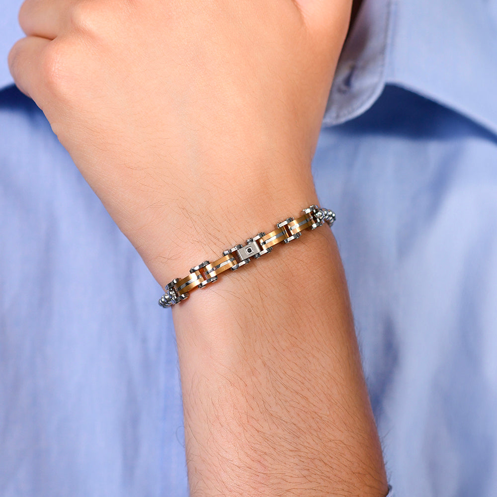 BRAZALETE DE HOMBRE DE ACERO Y ORO IP
