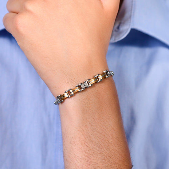 BRAZALETE DE HOMBRE DE ACERO Y ORO IP