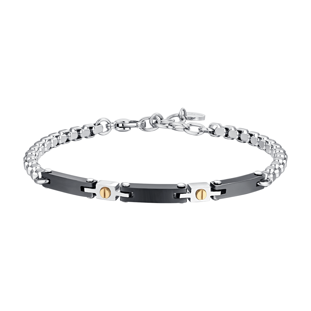 BRAZALETE DE CABALLERO DE ACERO Y CERÁMICA NEGRA