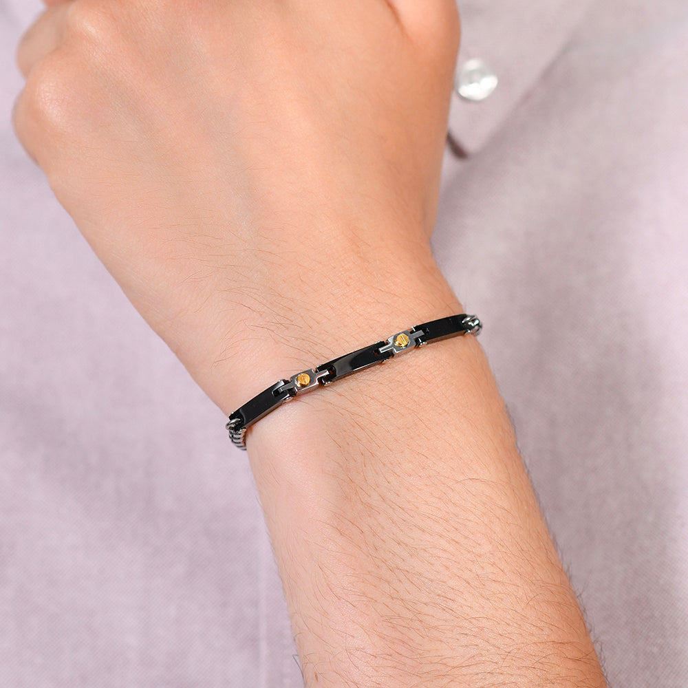 BRAZALETE DE CABALLERO DE ACERO Y CERÁMICA NEGRA