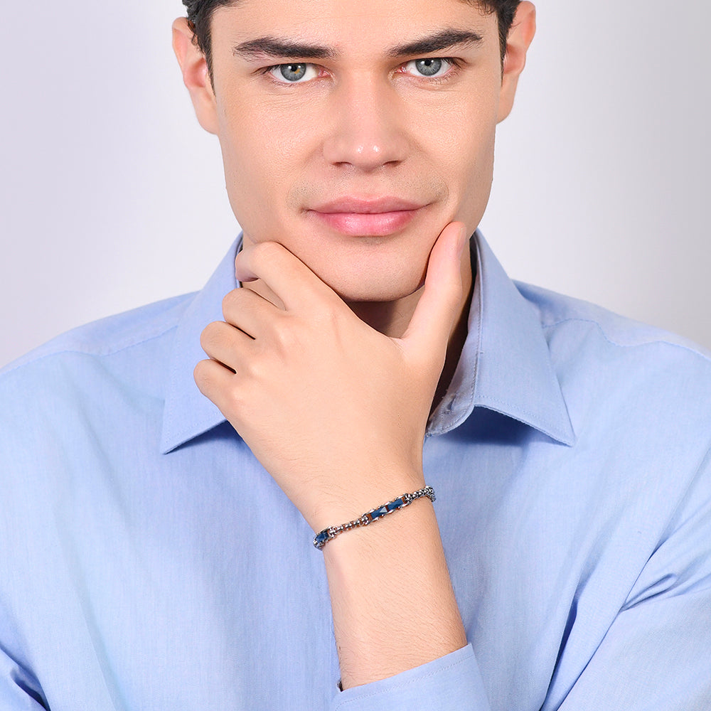 BRAZALETE DE ACERO PARA HOMBRE CON ELEMENTOS DE CERÁMICA AZUL