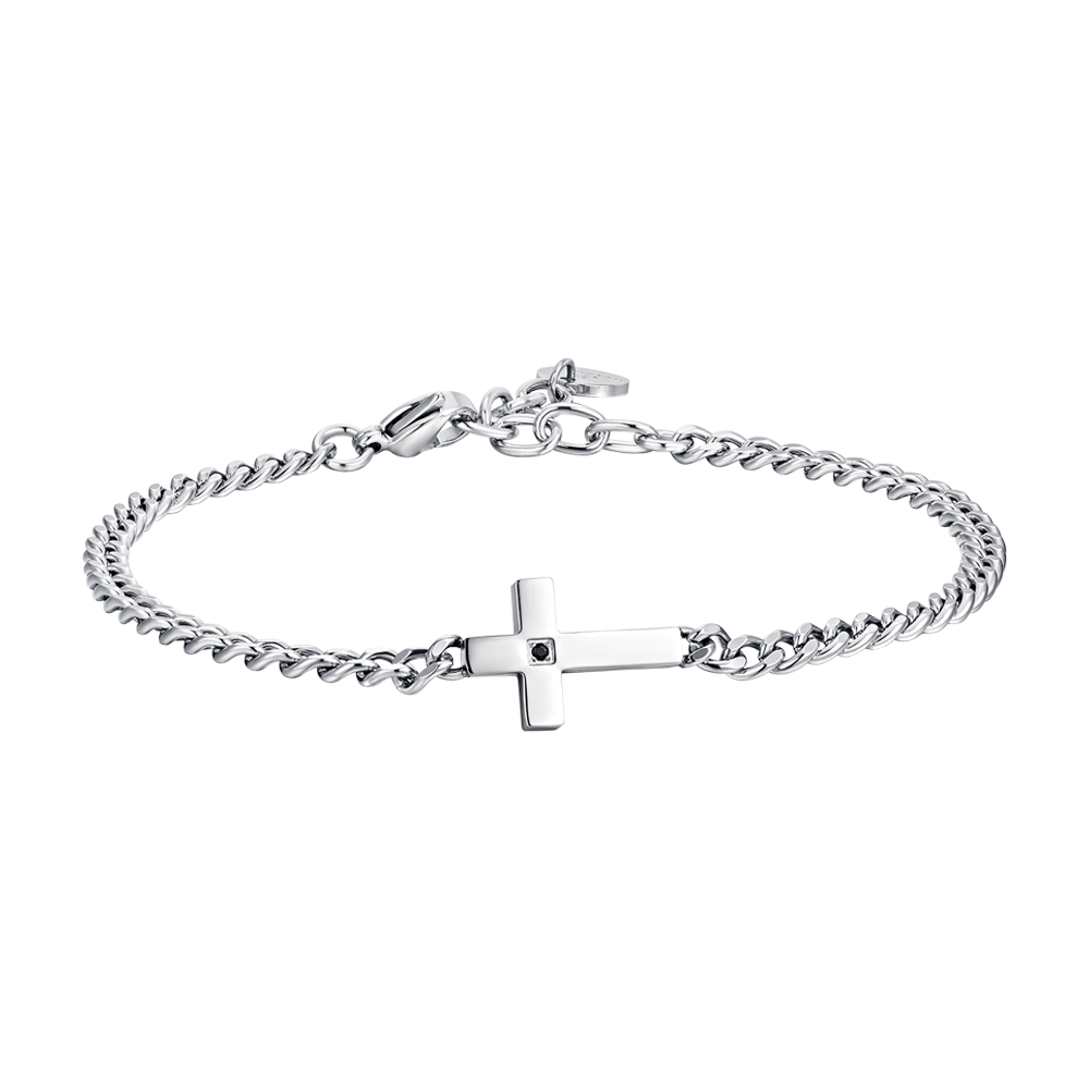 PULSERA DE HOMBRE CON CRUZ DE ACERO Y CIRCONITAS NEGRAS