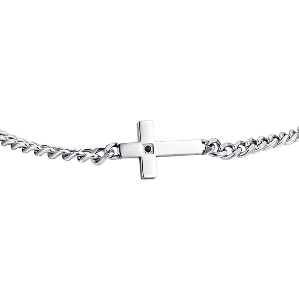 PULSERA DE HOMBRE CON CRUZ DE ACERO Y CIRCONITAS NEGRAS